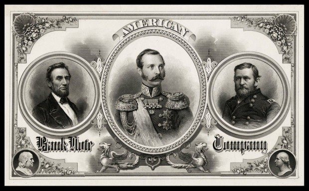 Америчка банкнота из 1863: руски цар Александар II (у средини), амерички председник Абрахам Линколн (лево) и генерал Улисес Грант (десно)