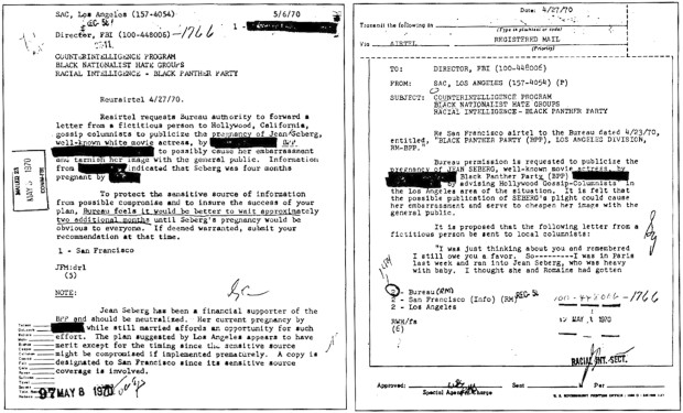 Службени меморандуми ФБИ из 1970. године, којим се налаже да се у медије преко подобних колумниста и новинара пласирају лажне информације да је Џин Сиберг, тада у браку са Роменом Геријем, трудна са припадником црначке организације „Црни пантери“ са циљем њеног јавног срамоћења и „неутрализације“